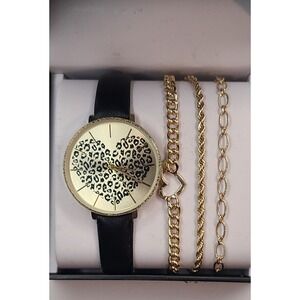 INC International Concepts Women Gold Tone Black Leather Leopard Heart Watch Set